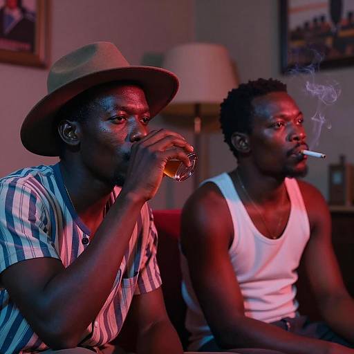 Two Men Drinking and Smoking in Dimly Lit Room
