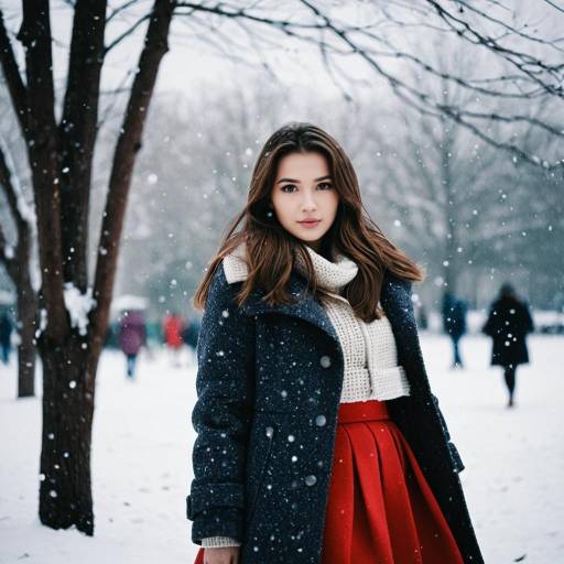 Woman in Red Skirt and Winter Coat in Snow