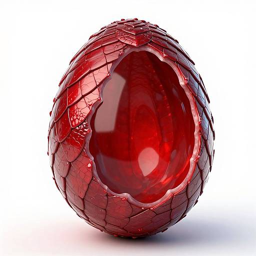 Photorealistic CGI of a shiny, red, dragon-scale textured, egg-shaped object with a large, glossy, oval indentation on its front. White