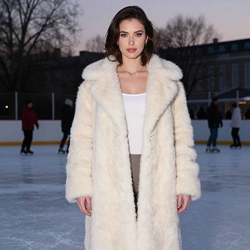 Photograph of a brunette woman with fair skin wearing a white fur coat over a white top, standing on an outdoor ice rink at dusk, with