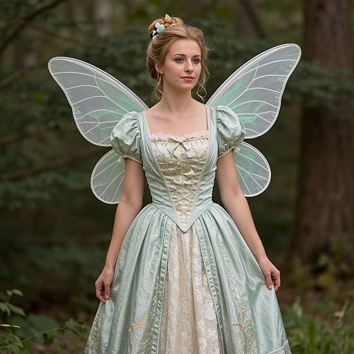 Photograph of a fair-skinned, blonde fairy princess in a mint green, puffed-sleeve ball gown with translucent wings, standing in a