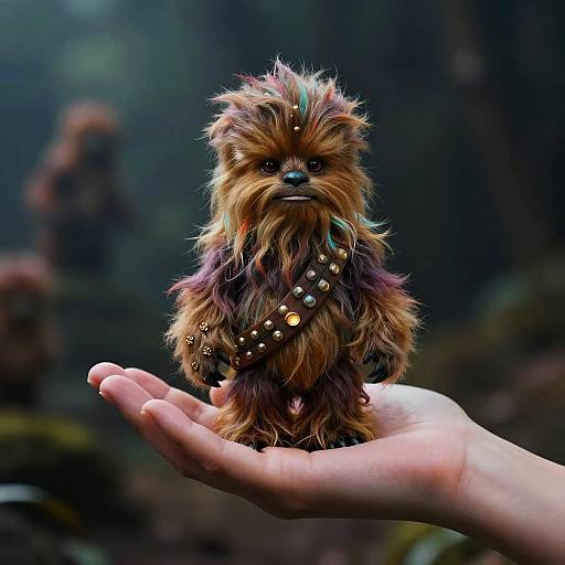 Photograph of a tiny, fluffy Chewbacca toy with a metallic bandolier, standing on a human hand against a blurred forest background.