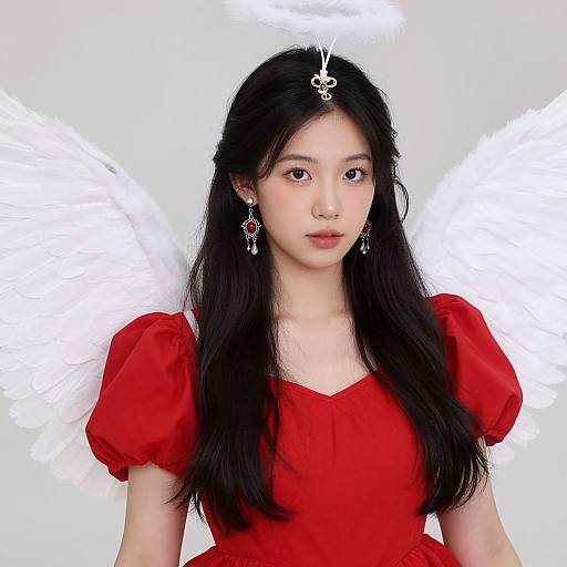 Photograph of an East Asian woman with long black hair, wearing a red dress with puffed sleeves, white angel wings, and delicate white earrings,