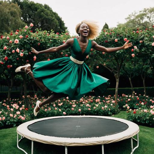 Joyful Woman Jumping on Trampoline in Rose Garden