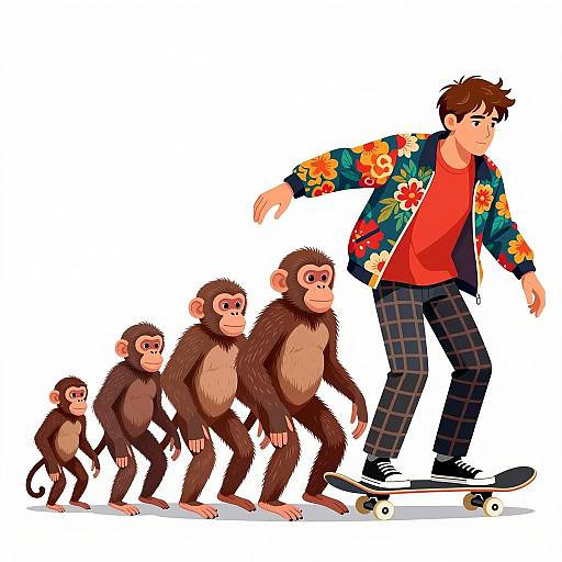Skateboarding Man with Monkeys Illustration