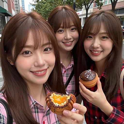 Joyful Trio Enjoying Pastries Outdoors