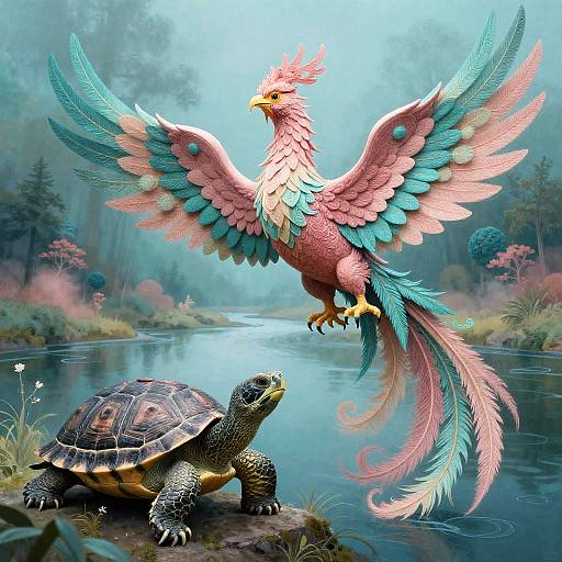 Radiant Phoenix and Serene Turtle by Misted Riverbank