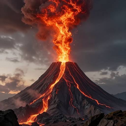 Photograph of an erupting volcano with vivid red-orange lava flowing down its slopes, bright flames at the summit, dark clouds overhead, and a dramatic