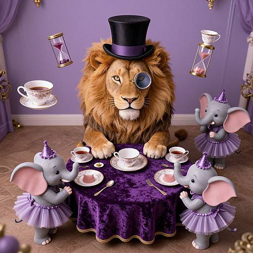 Photorealistic CGI: A lion in a top hat with an eyepatch, surrounded by three purple-cupcake-hat-wearing gray mice