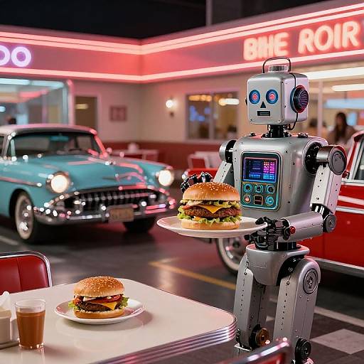 Photograph of a retro-style robot holding a burger plate in a neon-lit diner, with a vintage blue car and red car in the background.