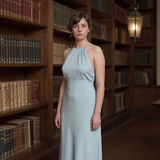 Photograph of a young woman with fair skin and dark brown hair, wearing a light blue, sleeveless, halter-neck dress, standing in a