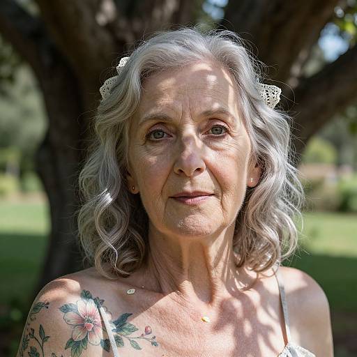 Photograph of an elderly woman with silver hair, lace headband, floral tattoo on shoulder, wearing a white top, standing outdoors under a tree.