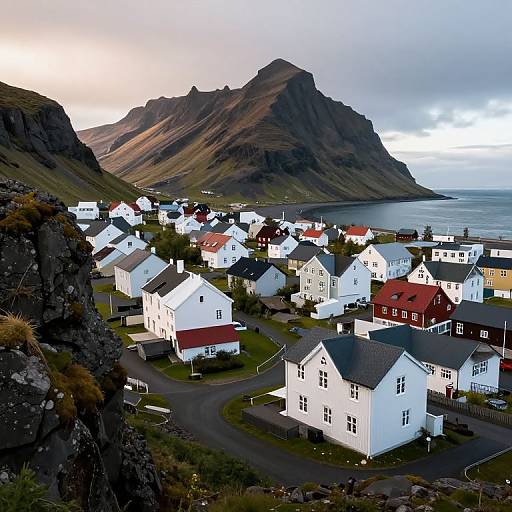 Coastal Village with Mountain in Iceland