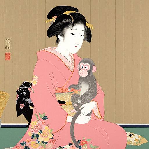 Japanese Woman with Monkey in Kimono