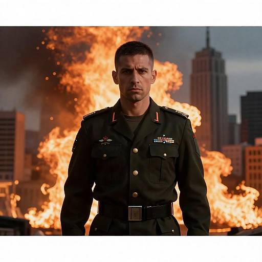 Serious Soldier in Front of City Fire