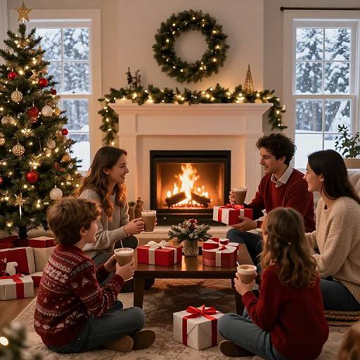 Photograph of five smiling family members, casually dressed in Christmas sweaters, gathered around a lit fireplace, opening gifts in a cozy, festive living room