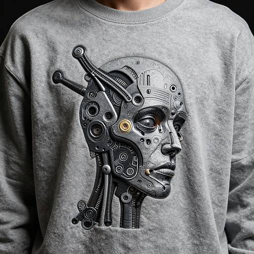 Photograph of a person wearing a gray sweatshirt with a detailed, black-and-silver, cybernetic human head graphic on the chest.