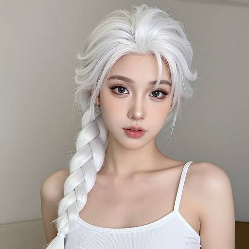 Digital portrait of a young woman with white, braided hair, fair skin, and blue eyes, wearing a white tank top, against a plain background