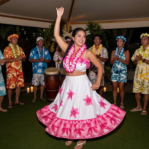 Photograph of a smiling Asian woman in a pink lei, white floral dress, and pink sash, dancing with a raised arm, surrounded by six