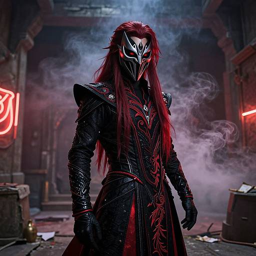 Photorealistic digital art of a mysterious, armored figure with red hair, black mask, and detailed red-and-black robes, standing in a smoky