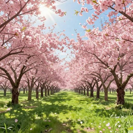 Photorealistic image of a sunlit cherry blossom orchard, with pink trees lining a vibrant green grass path under a clear blue sky.