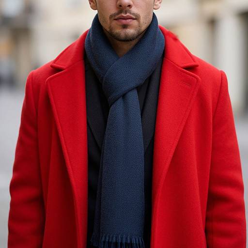 Photograph of a man with a trimmed beard wearing a bright red coat and dark blue scarf, standing outdoors with a blurred urban background.