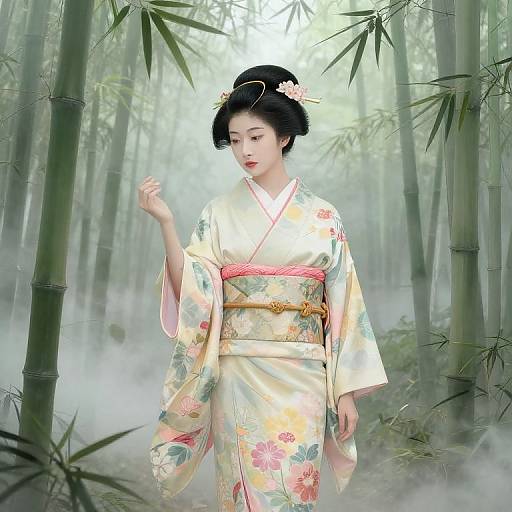 Digital painting of an elegant East Asian woman in a floral kimono, standing in a misty bamboo forest, with a delicate updo adorned with flowers
