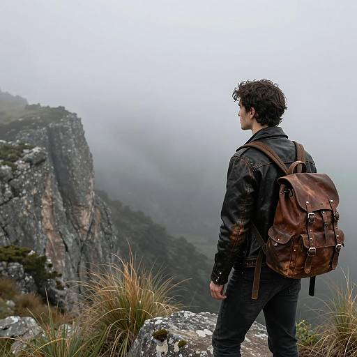 Young Man at Misty Mountain Overlook