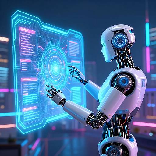 Digital CGI of a white, futuristic humanoid robot interacting with a glowing blue holographic interface in a neon-lit cityscape.