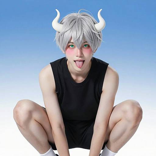 Playful Portrait with Silver Hair and Horns