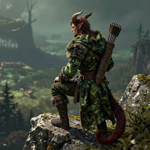 Digital fantasy artwork: Horned, furry-clad, bearded male warrior with quiver and bow, standing on rocky cliff, overlooking misty,