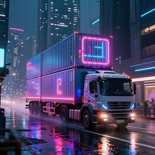 Neon-lit, cyberpunk-style truck driving on a rainy city street at night, with vibrant blue and pink LED lights reflecting on wet pavement.