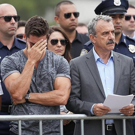 Distressed Man and Official at Crowd Gathering