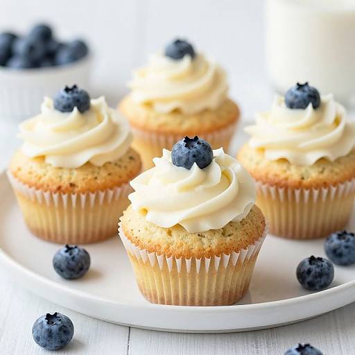 Photograph of four blueberry cupcakes with swirled white frosting, topped with blueberries, on a white plate, with additional blueberries scattered around