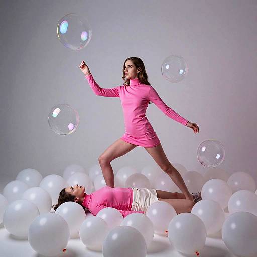 Photograph of two women in pink dresses dancing on white balloons, surrounded by floating transparent bubbles against a gray background.