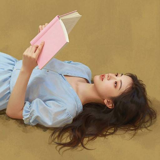 Photograph of a young woman with long black hair, fair skin, and red lipstick, lying on a beige floor, wearing a light blue dress,