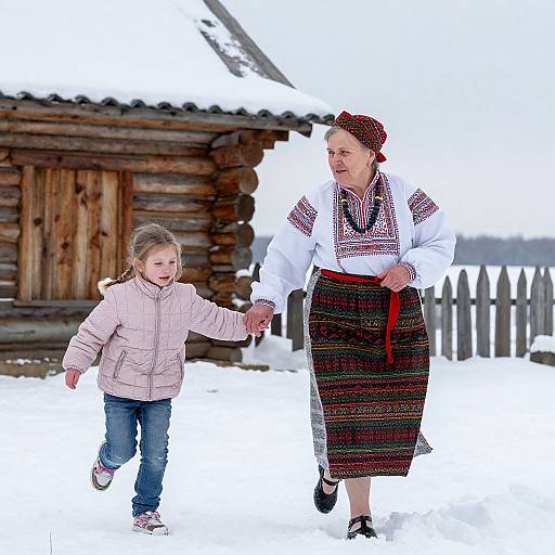 Photograph of a smiling elderly woman in traditional Eastern European winter attire holding hands with a young girl in a pink coat, walking in snowy landscape with wooden