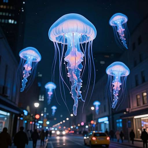 Photograph of glowing blue and purple jellyfish lanterns floating above a bustling, illuminated city street at night.