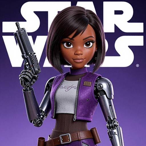 CGI image of a black, robotic, female action figure with short black hair, holding a handgun, wearing a purple vest, gray shirt, and