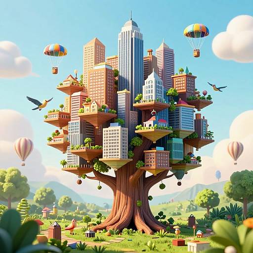 Vertical Tree City with Whimsical Birds