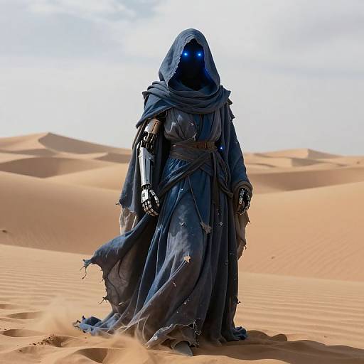 Mysterious, dark-robed figure with glowing blue eyes stands in a sunlit desert, wearing tattered cloak and metallic gloves, surrounded by sand d