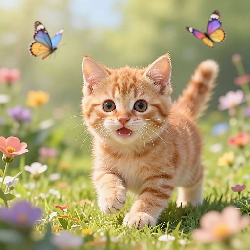 Adorable orange tabby kitten with wide eyes and open mouth, chasing two colorful butterflies in a sunny, colorful flower-filled meadow. Photograph.