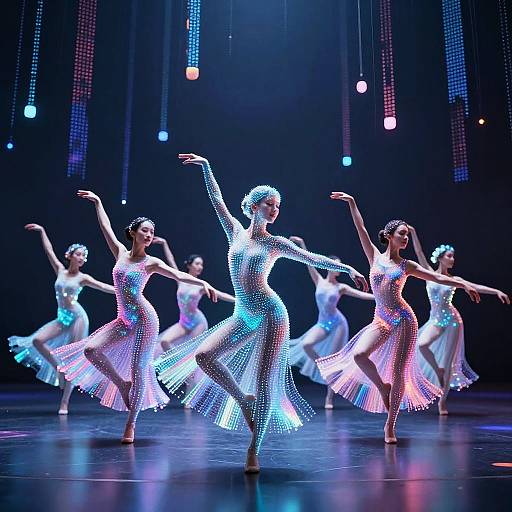 Photograph of a ballet performance: Dancers in sparkling white dresses with blue and pink LED lights, performing in unison on a dark stage with colorful