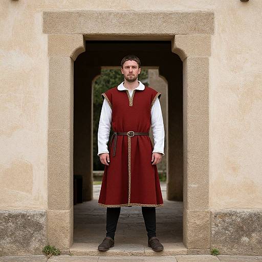 Photograph of a bearded man with short brown hair, wearing a red medieval-style tunic, white shirt, black pants, and brown boots,