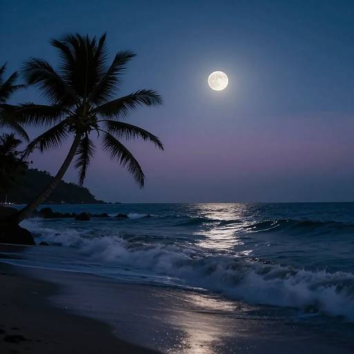 Photograph of a moonlit beach at dusk, with silhouetted palm trees, gentle waves, and a reflective, shimmering ocean surface.