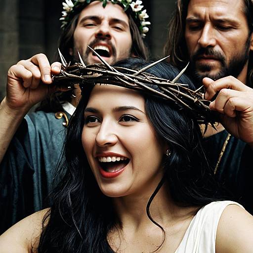 Woman Wearing Crown of Thorns with Two Men