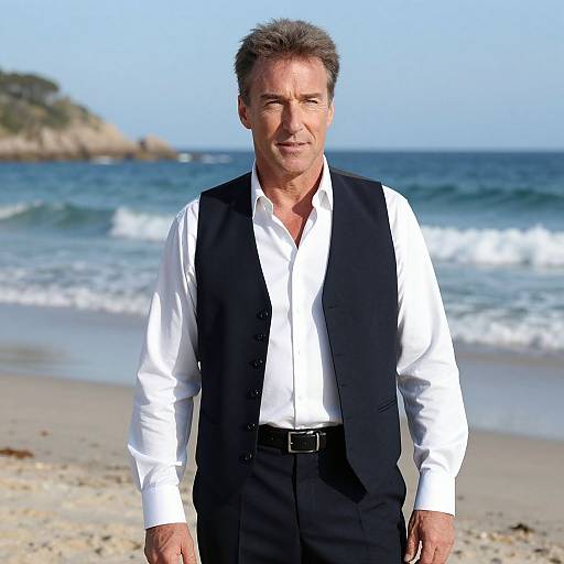 Photograph of a middle-aged man with short, gray hair, wearing a white shirt and black vest, standing on a sunny beach with gentle waves in