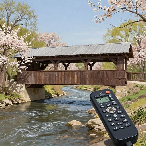 Photograph of a wooden bridge over a flowing stream, surrounded by blooming cherry trees, with a black remote control in the foreground.