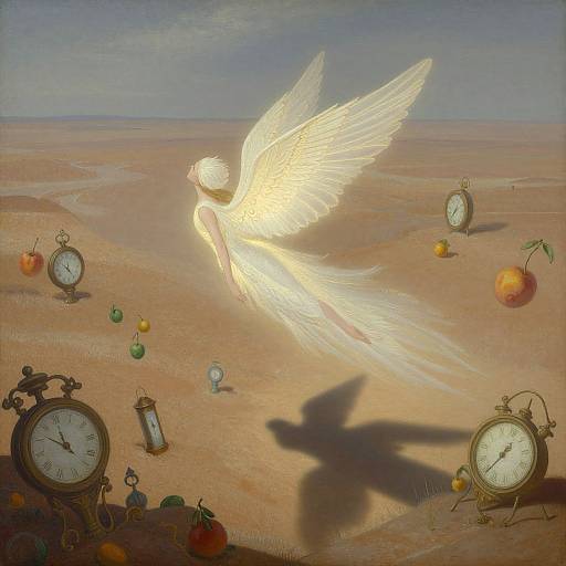 Surreal painting of a glowing white angel with wings flying over a desert, surrounded by clocks, apples, and shadow.