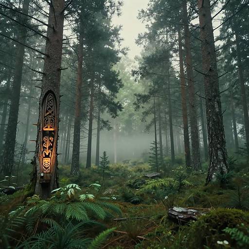 Misty forest photograph with tall pine trees, dense ferns, and an intricately carved, glowing lantern on a tree trunk.